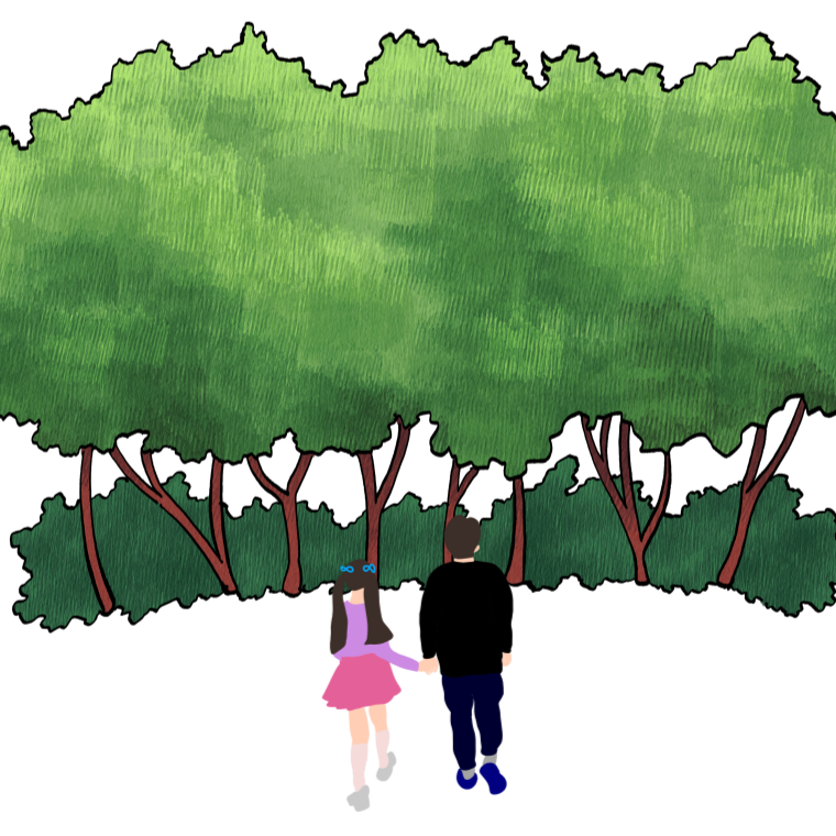 숲을 배경으로 손을 잡고 걸어가는 아버지와 딸 일러스트