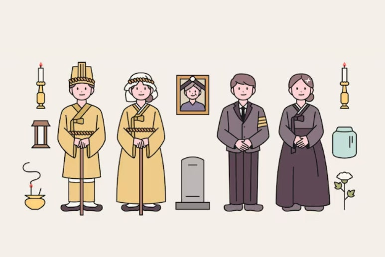 전통 삼베 상복과 현대식 검은 상복을 입은 유족 네 명이 영정 사진과 향로, 촛대, 국화 옆에 서 있는 일러스트